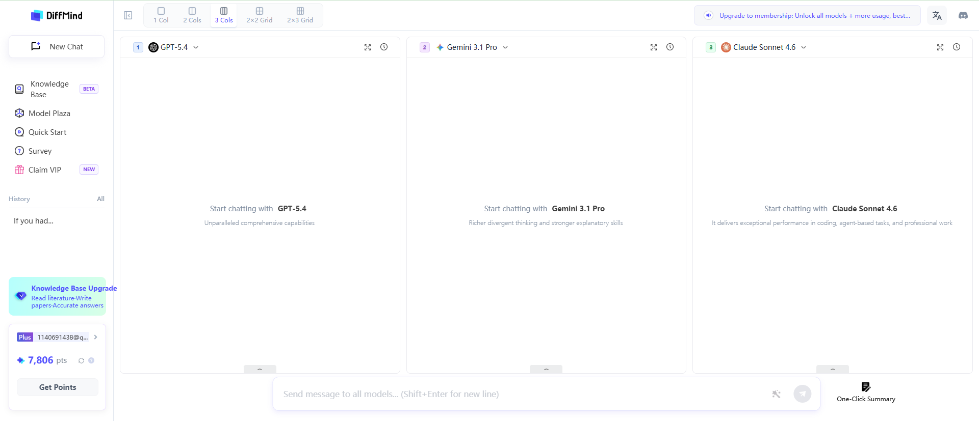 DiffMind interface showing GPT-5.4, Gemini 3.1 Pro, and Claude Sonnet 4.6 in three side-by-side columns